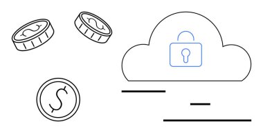 Kilit simgesi olan bulut güvenliği simgeliyor ve para da finans ve işlemleri simgeliyor. Finansal teknoloji için ideal, bulut güvenliği, kripto para birimi, veri koruması, fintech uygulamaları, güvenlik