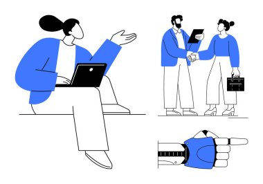 Dizüstü bilgisayarı olan profesyonel bir kadın bir fikir sunuyor, iş ikilisi el sıkışıyor, robot eli işaret ediyor. Takım çalışması, yenilik, teknoloji entegrasyonu, ortaklık, liderlik, iletişim için ideal basit