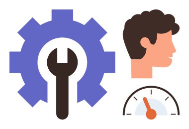 İngiliz anahtarını sembolize eden aletler ve onarımlar, fikirleri ve odaklanmayı tasvir eden insan profili, performans ve verimliliği gösteren hız göstergesi. Üretkenlik, araçlar, ilerleme, optimizasyon için ideal