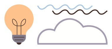 Soyut bulut ve dalgalı çizgilerin yanındaki ampul fikirleri, yenilikleri ve hayal gücünü akla getiriyor. Beyin fırtınası, yaratıcılık, tasarım, yenilik, problem çözme, ilham ve kavramsal