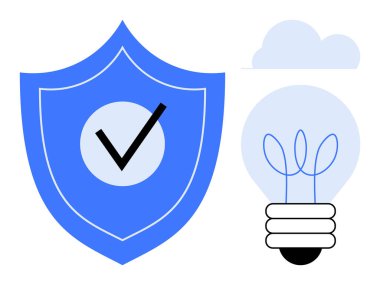 Bulutun altında parlayan bir ampulün yanında işaret olan mavi kalkan güvenlik, yenilik ve güvenilirliği temsil ediyor. Koruma, fikir üretimi, bulut depolama, güvenlik, yaratıcılık için ideal