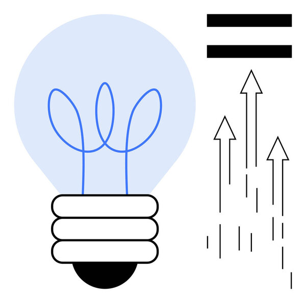 Лампочка с светящимися нитями, знак равенства и восходящие стрелки представляют инновации, равенство, прогресс, творчество, успех, мозговой штурм и восходящий импульс. Простая плоская метафора