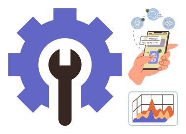 İngiliz anahtarlı dişli, mobil kimlik doğrulaması ile el etkileşimi, analitiği temsil eden veri grafiği. Teknoloji, optimizasyon, geliştirme, güvenlik, izleme uygulamaları verimliliği için ideal. Basit düz