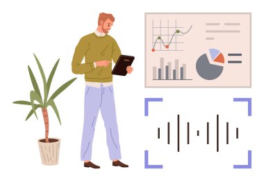 Tabletle analitik çizelgeleri, grafikleri ve ses dalgası görselleştirmesini inceleyen kişi. İş, teknoloji, verimlilik, yenilik, araştırma stratejisi geliştirme modern çalışma için idealdir. Basit düz