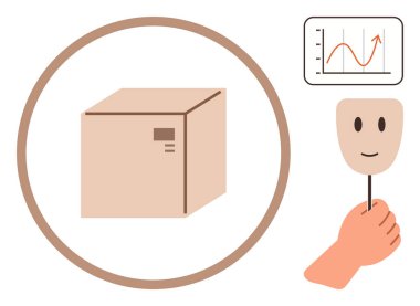 Çemberin içindeki karton kutu, elinde gülümseme maskesi ve yukarı doğru eğilim grafiği. Duyguların kavramları, iş büyümesi, ambalaj, dağıtım, analiz, performans sade düz metafor için idealdir