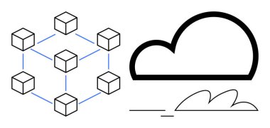 Basitleştirilmiş bulut şekli ve birbirine bağlı blok yapısı veri alışverişini, dağıtılmış sistemleri ve bulut depolamasını vurguluyor. Teknoloji, veri yönetimi, engelleme zinciri ve yenilik için ideal
