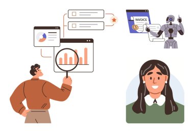 Çizelgeleri analiz eden adam, robot kol işleme faturaları ve işbirliğini temsil eden gülümseyen kadın. Veri, otomasyon, yapay zeka, takım çalışması, finans, analitik gelecek teknolojisi için idealdir.