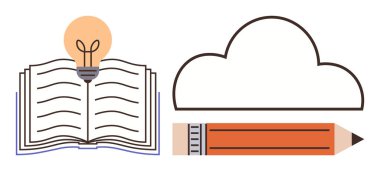 Ampul, bulut ve kalem kaplama bilgisi, yaratıcı düşünce, beyin fırtınası ve eğitim içeren açık bir kitap. Öğrenme, fikirler, yenilik yazma analizi problem çözme için idealdir.