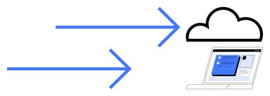 Mavi oklar bir dizüstü bilgisayardan bir bulut simgesini işaret ediyor, veri transferini, bulut hesaplamasını, senkronizasyonu, dijital depolamayı sembolize ediyor. Teknoloji, ağ oluşturma ve yenilik için ideal