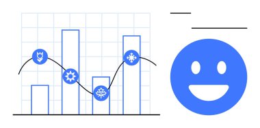 Mevsimlik simgelere sahip çubuk grafik, eğri veri hattı ve başarıyı ve eğilimleri temsil eden mutlu yüz sembolü. İş analizleri için ideal, veri görselleştirme, mevsimsel analiz, pazarlama raporları, kullanıcı