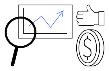 Büyüme grafiği üzerinde büyüteç, baş parmak ve dolar para analizi, ilerleme ve finansal başarıyı sembolize ediyor. İş stratejisi, analitik, ekonomi ve yatırım finans incelemesi için ideal