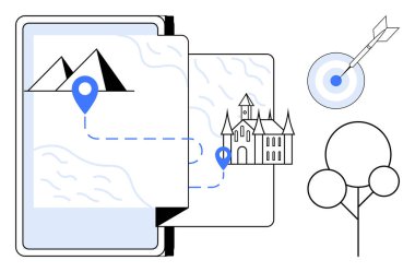 Tablet dağ ve kale işaretli bir harita gösteriyor, noktalı navigasyon yolu, mavi hedef ve ağaç. Seyahat, seyrüsefer, keşif, turizm teknolojisi hedefleri macerası için ideal. Basit düz