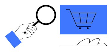 El ele tutuşan büyüteç, alışveriş arabasının grafiğini inceler, e-ticareti, arama, analiz ve online alışverişi simgeler. Teknoloji, iş, ticaret, pazarlama UX yeniliği için ideal