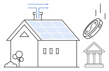 Çatısı güneş panelleri olan ev, enerji akışını simgeleyen oklar, birikimleri temsil eden madeni para ve bir finans binası. Sürdürülebilirlik için ideal, yenilenebilir enerji, çevre dostu yaşam, akıllı ev, yeşil