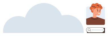 Bulut depoyu temsil eder, kullanıcı profili hesap sahibini gösterir, arama çubuğu hızlı erişim anlamına gelir. Bulut hesaplama, uygulamalar, kişiselleştirme, arama işlevselliği, teknolojik çözümler, kullanıcı