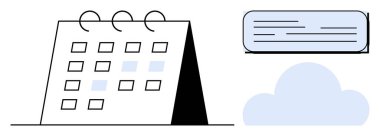 Spiral ciltlemeli, renklendirilmiş tarihli, bulut simgeli ve yüzen etiketli masa üstü takvimi. Zamanlama, planlama, veri depolama, bulut servisi, organizasyon verimliliği dijital için ideal