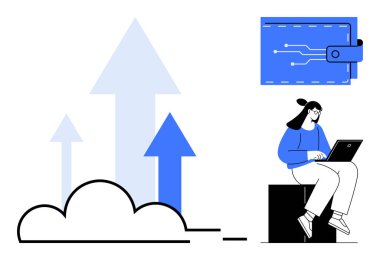 Yukarı doğru okları olan bulut, teknolojiyi ve büyümeyi sembolize eden dijital cüzdan, dizüstü bilgisayarda çalışan kullanıcı. Finans, dijital yenilik, üretkenlik, çevrimiçi işlemler, veri depolama, bulut için ideal