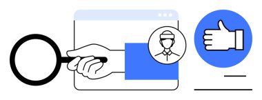 Profil simgesi, el hareketi ve baş parmak işareti olan bir web arayüzü üzerinde büyüteç. Kullanıcı değerlendirmesi, geri bildirim, onay, kalite kontrolü, HR, işe alım araştırma konuları için ideal