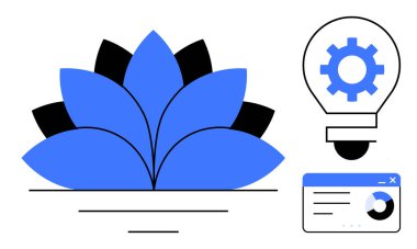 Mavi nilüfer çiçeği büyümeyi simgeler. Vitesli ampul yenilikleri taşır. Analitik gösterge paneli veri analizini ve ilerlemeyi gösterir. Yaratıcılık, büyüme, yenilik, denge ve ilerleme için ideal