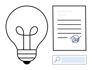 Ampul, imzalı belge ve yenilik, anlaşma ve online araştırma öneren arama çubuğu. İş için ideal, yaratıcılık, dijital sözleşmeler, yenilik araştırması hukuki işler için basit iniş