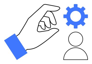 Minimalist el mavi dişlilerle etkileşime girer ve kişiselleştirmeyi, takım çalışmasını ya da verimliliği simgeler. Yönetim, askere alma, strateji, organizasyon, liderlik, yenilik için ideal basit