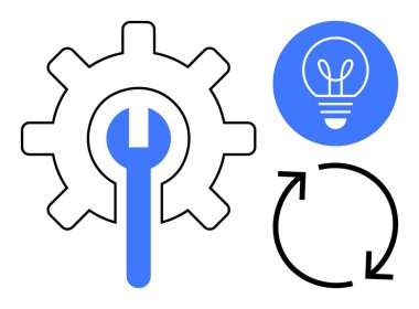 İngiliz anahtarı araçları ve makineleri temsil eden dişli, fikirler ve yenilik için mavi ampul, ve yineleme işlemleri için döngü oku. Teknoloji, yenilik, mühendislik ve iş akışı için ideal