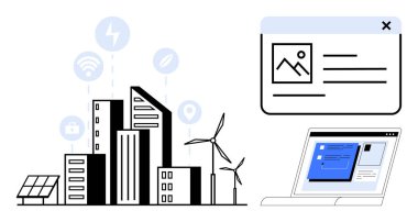 Güneş panelleri, rüzgar türbinleri ve dijital bağlantıyı gösteren bir dizüstü bilgisayarın yanında akıllı teknoloji ikonları olan şehir binaları. Sürdürülebilirlik, yenilenebilir enerji, kentsel planlama ve teknoloji için ideal