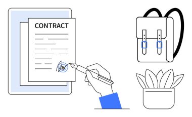 Sırt çantası ve saksı bitkisinin yanında bir kalemle el imzası. İş için ideal, anlaşmalar, hukuk, eğitim, uzak çalışma, minimalizm profesyonel tartışmalar. Basit düz metafor