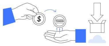 Jeton, indirme kutusu, ok ve bulut karşılığında dolar değişimi. Kripto para, finans, işlem, ticaret, veri depolama yatırımı ve ticaret için ideal. Basit düz metafor