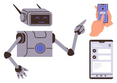 Uygulama arayüzünün yanında tasvir edilmiş biyometrik kilitle akıllı telefona doğru hareket eden robot. Teknoloji, yapay zeka, otomasyon, güvenlik, mobil uygulamalar, yenilik, dijital etkileşim temaları için ideal