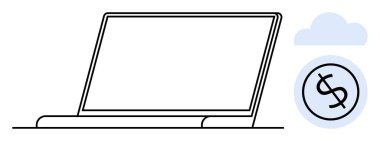 Bulut ve dolar işaretinin yanında dizüstü bilgisayar, çevrimiçi işlemler veya dijital finansman öneriyor. Teknoloji, iş, e-ticaret, fintech, web uygulamaları, veri analizi uzaktan çalışma için ideal
