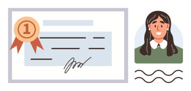 Gülümseyen bir kadın portresinin yanında imzası ve birinci sınıf kurdelesi olan bir sertifika. Eğitim, tanınma, başarı, sertifika, başarı, kariyer veya kişisel markalaşma için idealdir. Basit düz