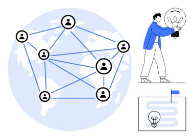 Bağlı insan simgelerinin olduğu bir dünya haritası, ampul tutan bir birey, aydınlatma fikri olan bir yol haritası. İşbirliği, iletişim, ağ oluşturma, küresel takım çalışması, yenilik, yaratıcılık hedefleri için ideal