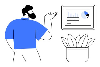 Erkek, veri analizini vurgulayarak çubuk grafik ve pasta grafiğiyle dijital ekrana doğru hareket eder. Saksı bitkisi ortam katıyor. İş, sunum, işyeri, analitik, strateji için ideal