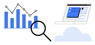 Grafik çubukları ve büyüteçle çizelge çizelgesi, çevrimiçi gösterge paneli olan dizüstü bilgisayar, bulut depolama soyutlaması. Analiz, istatistik, raporlama, teknoloji, veri depolama, yenilik keşfi için ideal