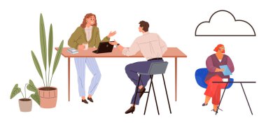 İnsanlar bir masada dizüstü bilgisayarla, bitkilerle ve yaratıcı çalışma alanlarıyla etkileşime geçiyorlar. Takım çalışması, işbirliği, yaratıcılık, ofis kültürü, üretkenlik beyin fırtınası için ideal. Basit.