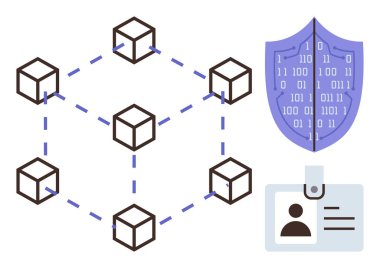 Noktalı çizgilerle birbirine bağlı blok zinciri küpleri siber güvenlik için ikili kodlu kalkan kimlik doğrulama için kimlik kartı. Engelleme zinciri, güvenlik, kimlik, ağ, şifreleme, dijital veri için ideal