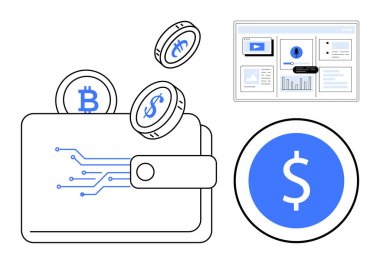 Bitcoin ve dolar bozukluklu dijital cüzdan, analitik gösterge paneli, düz dolar sembolü. Finans, kripto para birimi, bütçe, ticaret, fintech engelleme e-ticaret için ideal. Basit düz metafor