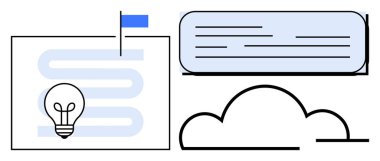 Bayrak, metin bloğu ve bulut tasarımı olan dolambaçlı bir yol üzerinde ampul. Yenilik, planlama, strateji, organizasyon, bulut hesaplama yaratıcılık teknolojisi için idealdir. Basit düz metafor
