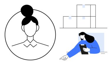 Çemberdeki kadın profili, kontrol listesini inceleyen işçi arka plandaki depolama kutuları. Lojistik, yönetim, tedarik zinciri, takım çalışması, depo, organizasyon ve basit bir iniş sayfası için ideal