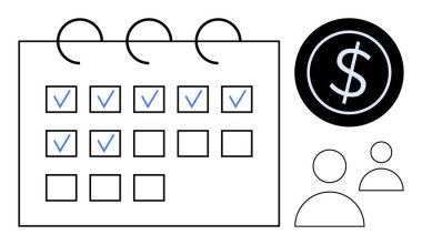 Kontrol işaretleri içeren takvim, bütçeyi sembolize eden bir dolar simgesi ve iki soyut kullanıcı simgesi. Program yönetimi, mali planlama, takım koordinasyonu, hedef belirleme, üretkenlik, görev