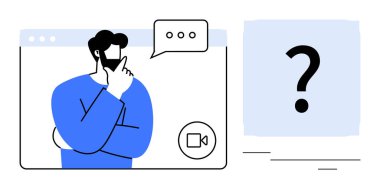 İnternetteki bir toplantı sırasında düşünen bir adam tarayıcı penceresi, konuşma balonu ve soru işareti ile görselleştirilmiş. Beyin fırtınası, uzaktan çalışma, karar verme ve sanal işbirliği için ideal.