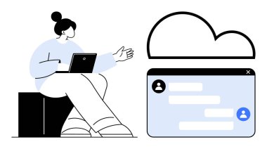 Chat penceresine doğru işaret eden bir dizüstü bilgisayarı olan kişi. Takım çalışması, mesajlaşma, bulut teknolojisi, uzaktan çalışma, çevrimiçi eğitim, ağ oluşturma ve basit bir iniş sayfası için ideal