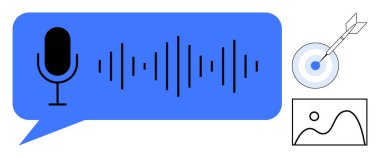 Mikrofon, ses dalgası, konuşma balonu, oklu hedef ve resim çerçevesi ses kaydını, hedef ayarını ve multimedya iletişimini sembolize ediyor. Teknoloji ve yaratıcılık verimliliği için ideal.