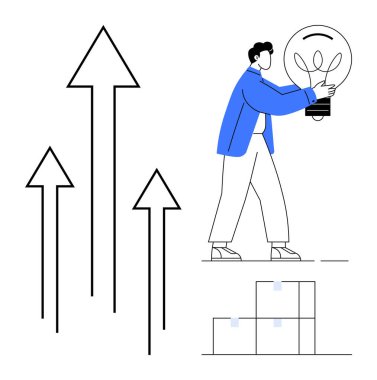 Gelişmeyi ve gelişmeyi simgeleyen yukarı doğru oklarla fikirleri ve yeniliği temsil eden parlayan bir ampul taşıyan kişi. Yaratıcılık, çözümler, strateji, başarı, motivasyon ve başarı için ideal