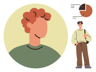 Kıvırcık saçlı, günlük kıyafetli minimalist bir vesikalık. Omuz çantasıyla tam vücut görünümü, veri konsepti için pasta grafiği. Kimlik, çeşitlilik, istatistik, eğitim, tasarım basitliği için ideal