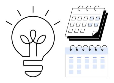 Filizlenmeyi sembolize eden bir ampul, aylık masa takvimi ve spiral kaplı duvar takvimi. Organizasyon, üretkenlik, planlama, içgörü, yenilik, zaman yönetimi için ideal