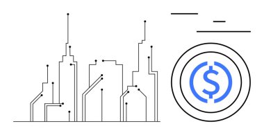 Minimalist şehir silueti. Devre hatları bozuk para ve dolar işareti ile harmanlanmış. Teknoloji için ideal, akıllı şehirler, kripto para birimi, modern ekonomi, yenilik, dijital dönüşüm, basit