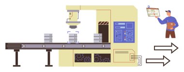 İşçi raporları panoda incelerken robot kol kutularını üretim hattına yığıyor. Otomasyon, üretim, lojistik, verimlilik, kalite kontrol, endüstriyel süreçler için ideal. Basit düz