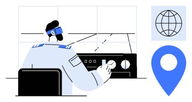 Seyrüsefer ve takip için VR kulaklık kullanan bir operatör. Teknoloji, GPS, sanal gerçeklik, ulaşım, küresel izleme, yenilik ve havacılık için ideal. Basit düz metafor